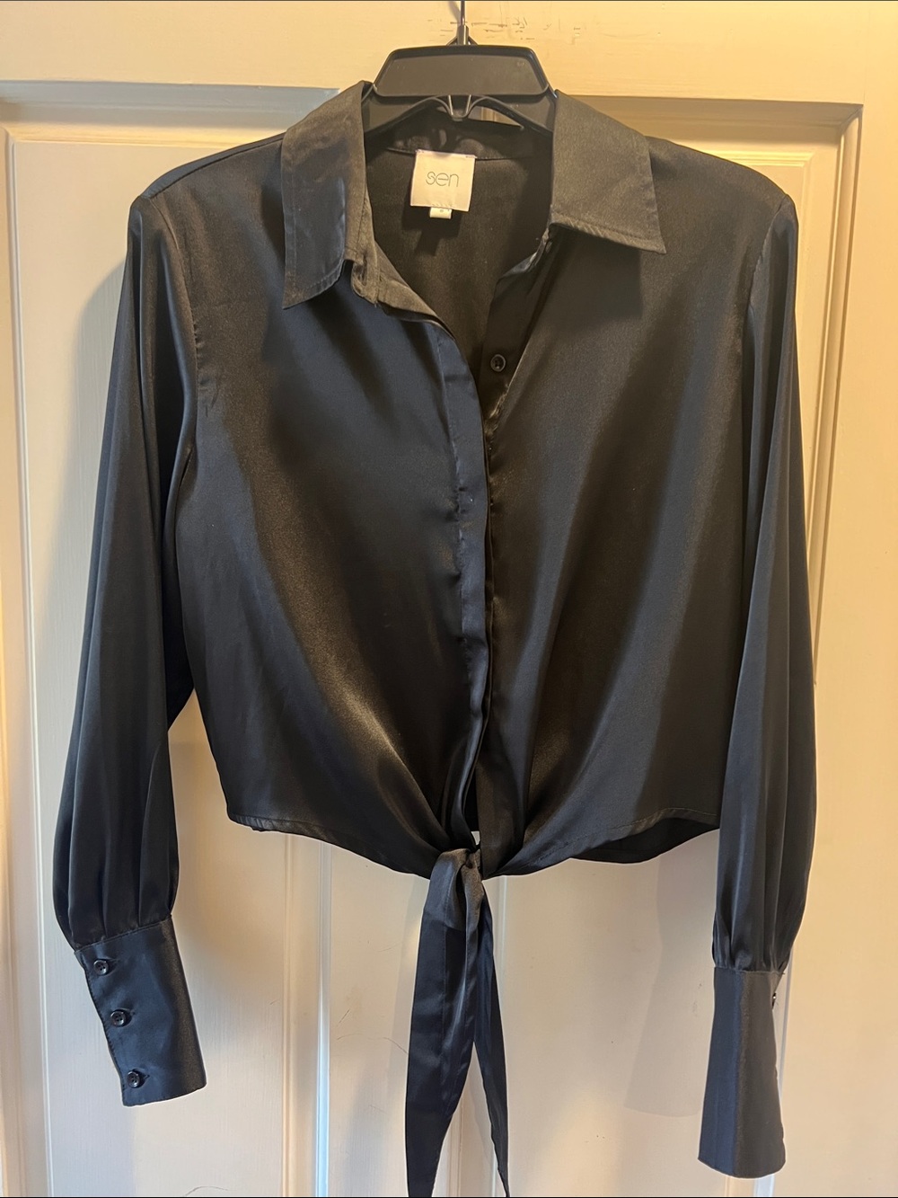 Satin Tie-Front Long-Sleeve Shirt - Navy